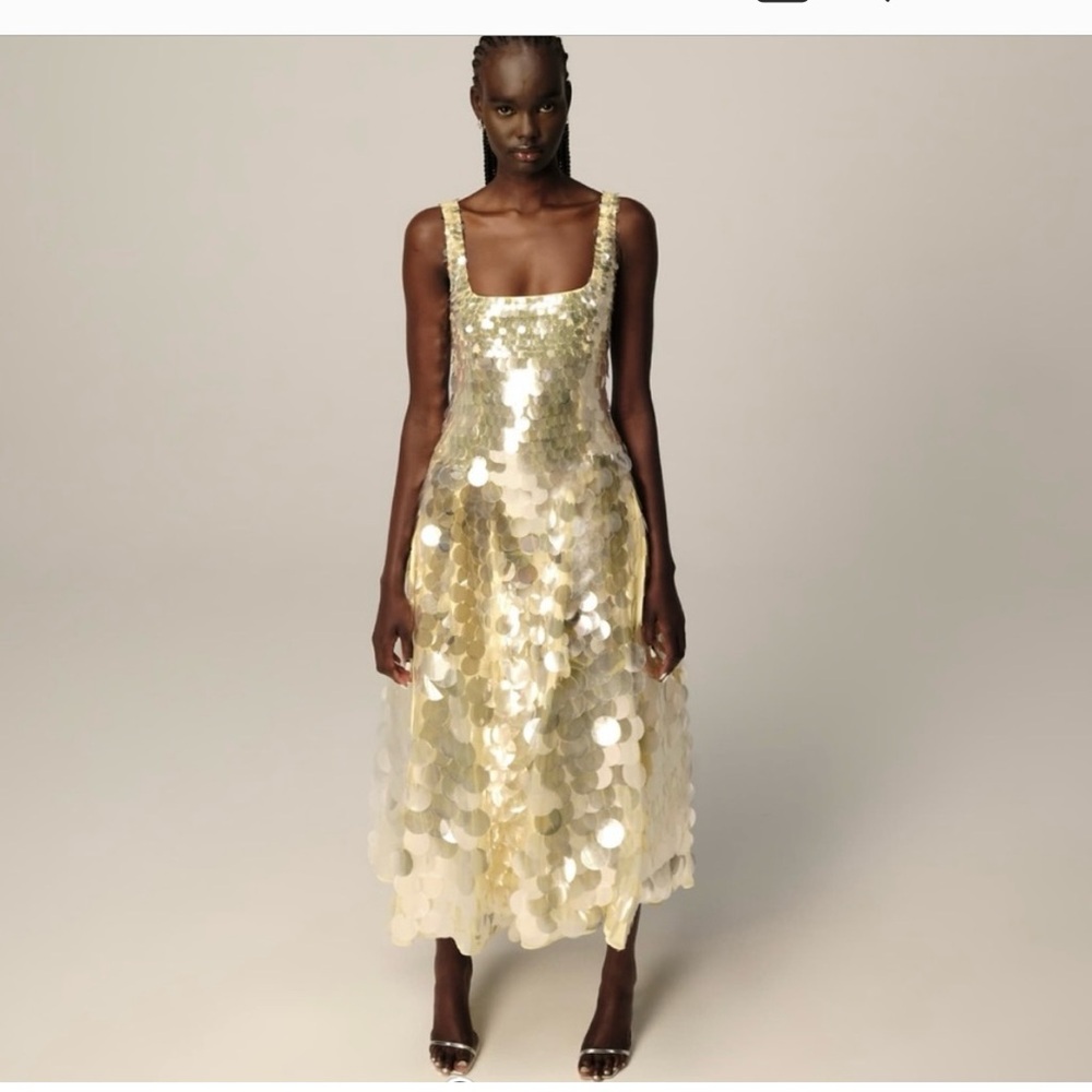 ASOS ARRANGE Embellished Disc Sequin Square Neck Full Skirt Midi Dress in Lemon✨